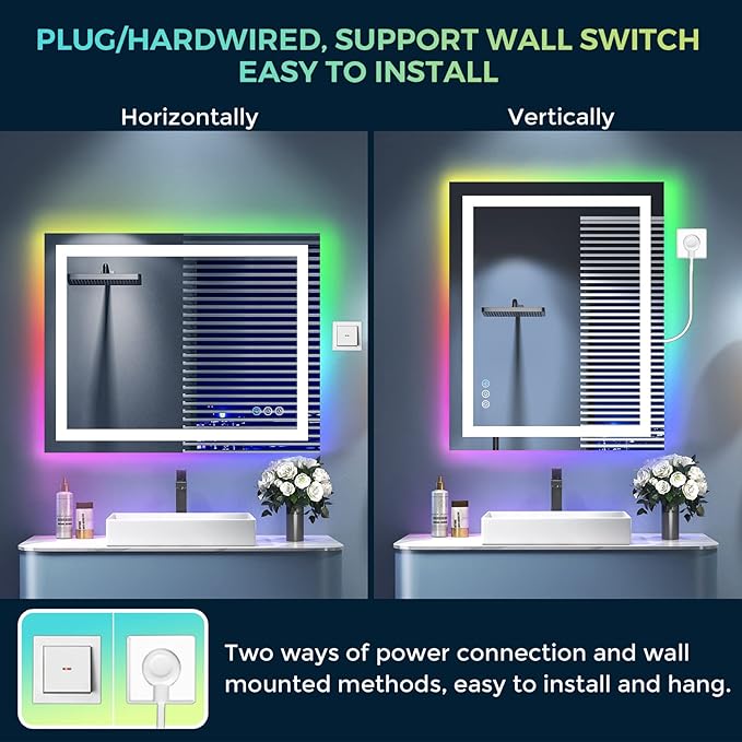 40x32 LED Bathroom Mirror with Lights, RGB Backlit Lighted Mirror | Backlit and Front Light, Anti-Fog, 3 Color Dimmable, Memory, Tempered Glass, IP54 Waterproof, UL Listed
