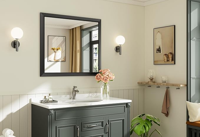Black Metal Framed Bathroom Wall Mirror, 36x32 Inch | Anti-rust, HD tempered glass, for bathroom vanity, bedroom, living room, horizontal or vertical mount
