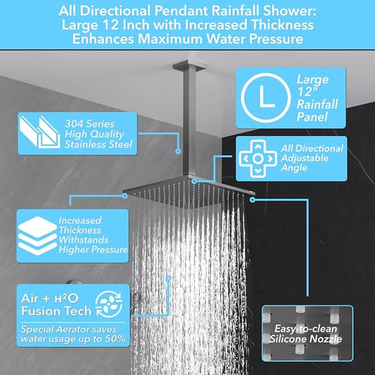 VANFOXLE Rain Shower System Brushed Nickel Shower Faucet Set, High Pressure | Push Button Diverter, 12 Inch Ceiling Mount Rain Head Increased Thick, 6 Inch Side Head, 2-in-1 Handheld Sprayer