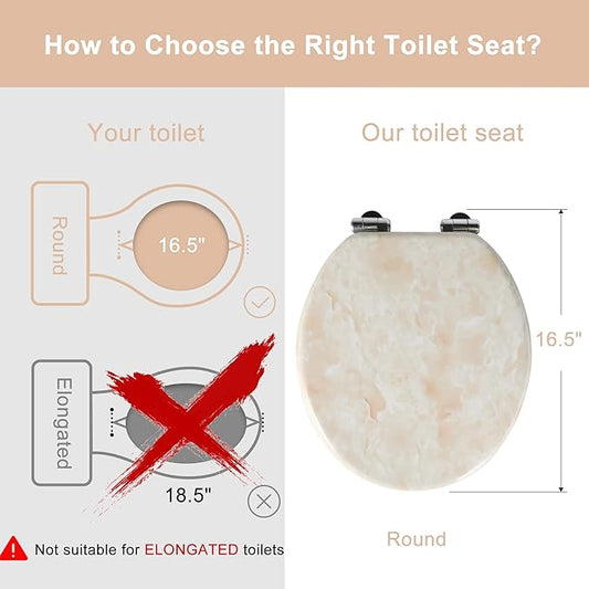 Angel Shield Marble Toilet Seat Durable Molded Wood with Quiet Close, Easy Clean, Quick-Release Hinges (Round, Beige Marble)