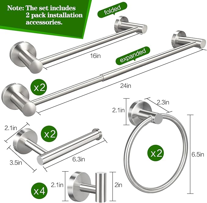 10pcs Brushed Nickel Retractable Bathroom Hardware Set | Including 24in Retractable Hand Towel Bar, Toilet Paper Holders, Towel Rings, Multifunctional Robe Hooks