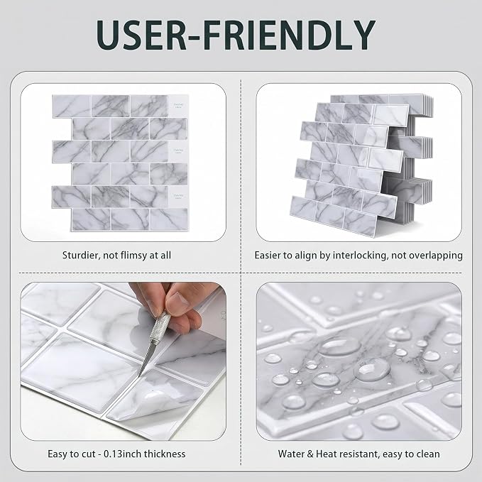 Arttown Peel and Stick 3D Wall Backsplash 10-Sheet, 12" × 12" Marble White | Subway Tile Self Adhesive Thicker Design Wall Tiles Panel Wallpaper for Kitchen Balcony Bathroom Rental Housing