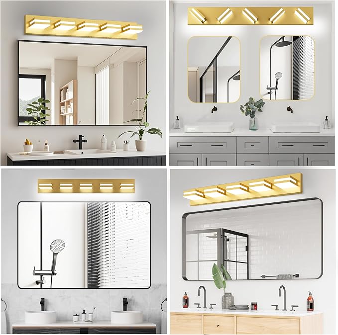 IZORRO LED Modern Bathroom Lights Fixtures(5-Light,Dimmable,360°Rotate),Brushed Glod Acrylic Wall Lighting,Vanity Lights for Bathroom Over Mirror - 6000k 30In (No Assembly Required)