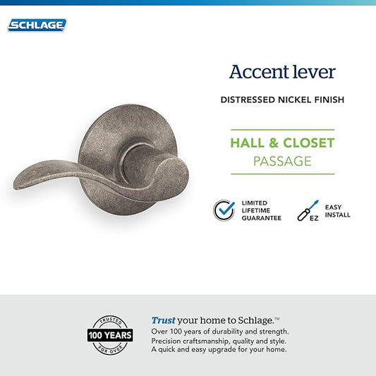 SCHLAGE Accent Lever Hall and Closet Lock in Distressed Nickel