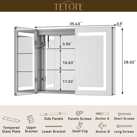 TETOTE LED Lighted Bathroom Medicine Cabinet Mirror with Lights 36 x 30 Recessed or Wall Mounted Cabinet with 2 Door, Tempered Glass, Outlets & USB, 3-Color Stepless Dimming, Defog, Adjustable Shelf