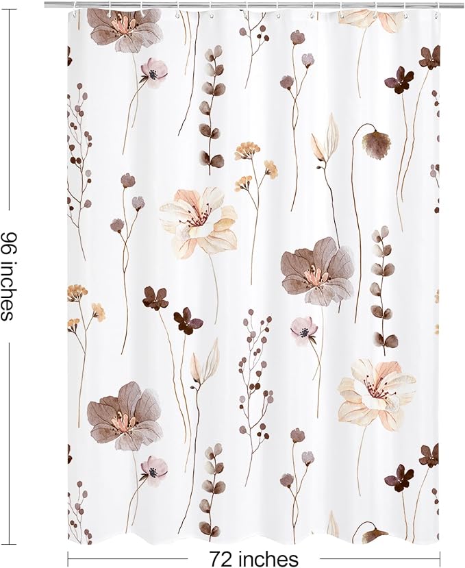 Brown Beige Watercolor Floral Fabric Shower Curtain, 72x96 | Waterproof Fabric, Modern Minimalist Floral Print, Machine Washable, Rustproof Grommets, for Bathroom Home, Extra Long