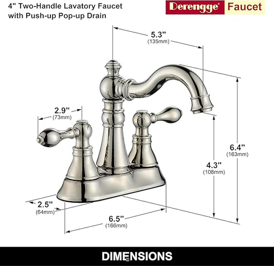 Two Handle Bathroom Faucet Polished Nickel Faucet 3 Hole with Plastic Overflow Pop-Up Drain,Swivel Spout Bathroom Sink Faucet 4 Inch Centerset,F-0048-PN