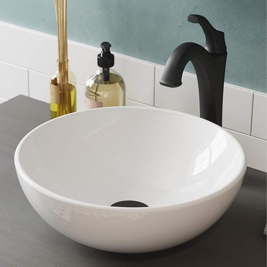 KRAUS Elavo 14-inch Round White Porcelain Ceramic Bathroom Vessel Sink and Matte Black Arlo Faucet Combo Set with Pop-Up Drain, C-KCV-341-1200MB