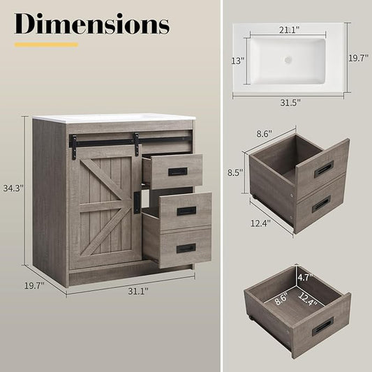 31" Farmhouse Sliding Barn Door Bathroom Vanity with Sink Combo, Bathroom Vanity Cabinet with Drawers & Metal Handles, Freestanding, Gray