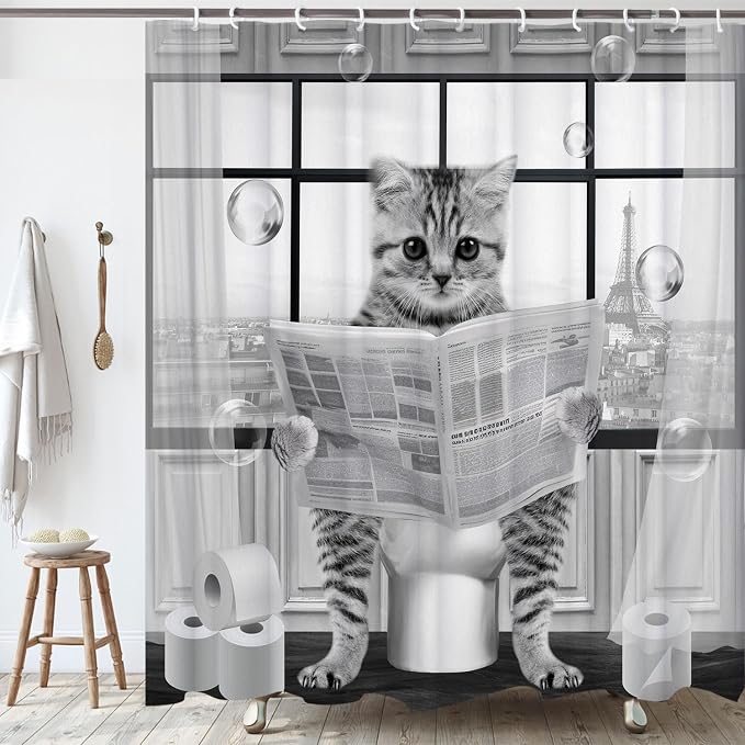 Cute Cat Shower Curtain, Funny Cat Reading on Toilet Shower Curtain Set, Black White Grey Fabric Shower Curtains for Kids Bathroom with Hooks 72X72inches