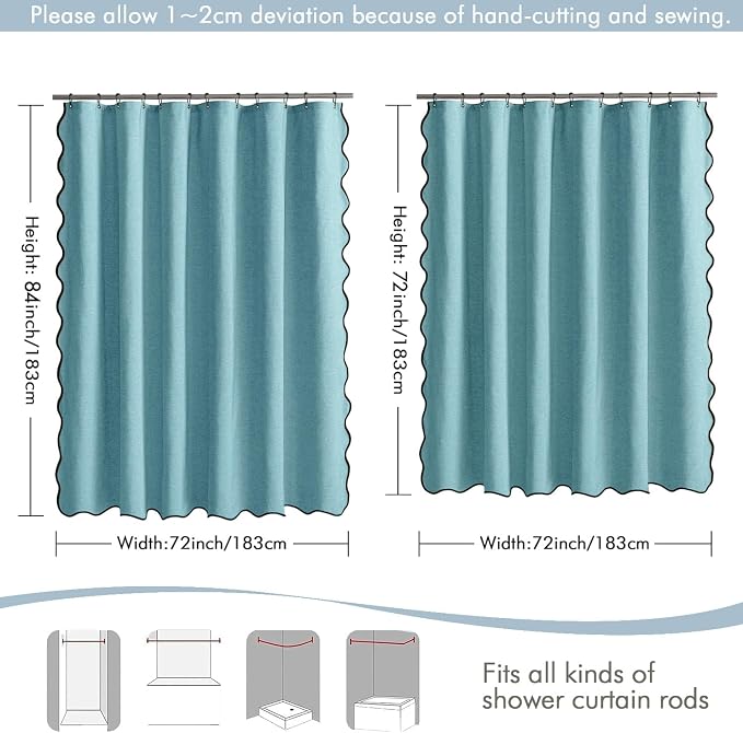 MIULEE 72"x84" Extra Long Scalloped Linen Shower Curtain Teal | Linen Textured, Waterproof, Washable, 12 Metal Hooks, Heavy Duty Cloth, Black Border, Shower Curtain for Bathroom Bathtub
