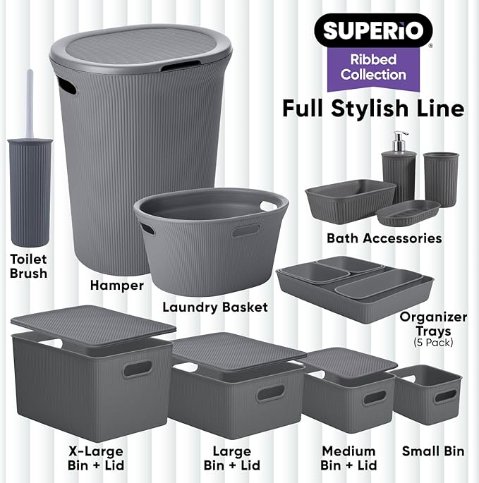 Superio Ribbed Collection Toilet Bowl Brush and Holder Set, Decorative Plastic Bathroom Toilet Brush with Holder, Toilet Cleaner Scrubber, Gray - 1 Pack