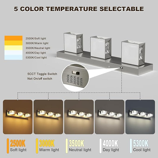 Joossnwell Brushed Nickel Bathroom Vanity Light Crystal 5CCT Dimmable Bathroom Lighting Fixtures Over Mirror (3-Light, 20.47-Inch) Led Modern Bath Lights with 350°Rotatable Head