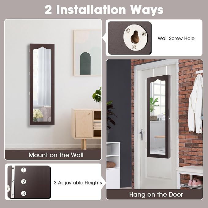 LOKO Lockable Wall-Mounted Mirror Jewelry Cabinet, Tall Jewelry Organizer with 5 LEDs, Large Capacity Jewelry Armoire with Full Length Mirror and 6 Drawers for Women Girls (Brown)
