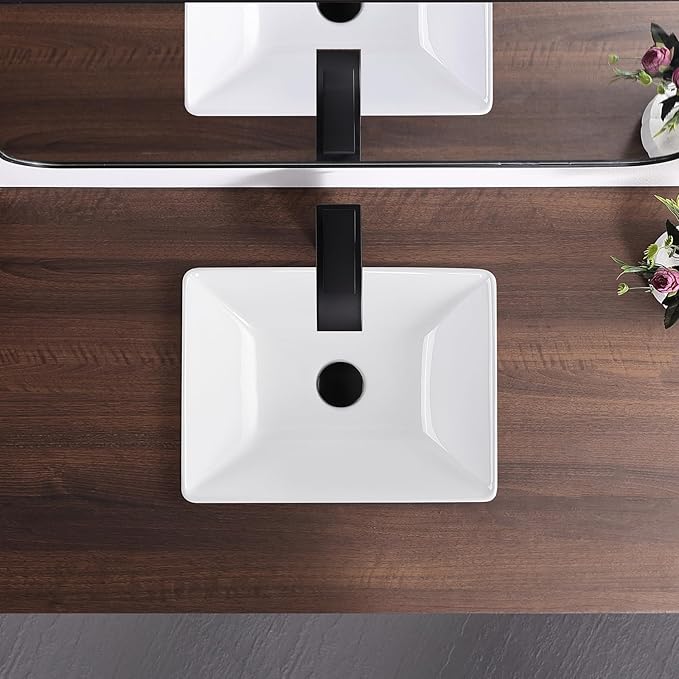 Small Bathroom Vessel Sink 16.7'' x 12.6'' Semi Recessed Bathroom Sink Rectangular Drop-in Vanity Sink with Overflow White Ceramic Modern Art Basin