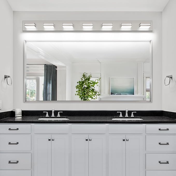 SineRise LED Modern Bathroom Vanity Light Fixtures, Modern Acrylic Bathroom Wall Lighting Fixtures Over Mirror, 7-Light, 55-Inch, Nickel, White