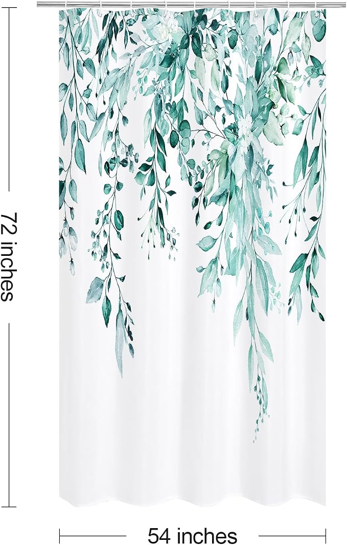 Teal Eucalyptus Shower Curtain, Watercolor Floral Print, 54x72 | Watercolor Plant Leaves Floral Print, Stall Waterproof Fabric Bathroom Decor, Machine Washable, Rustproof Grommets