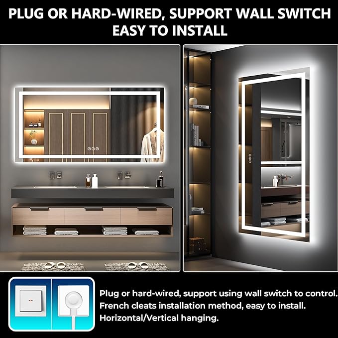 72x36 LED Bathroom Mirror with Lights, Lighted Vanity Mirror | Backlit and Front Light, Anti-Fog, 3 Color Dimmable, Memory, Tempered Glass, IP54 Waterproof, UL Listed