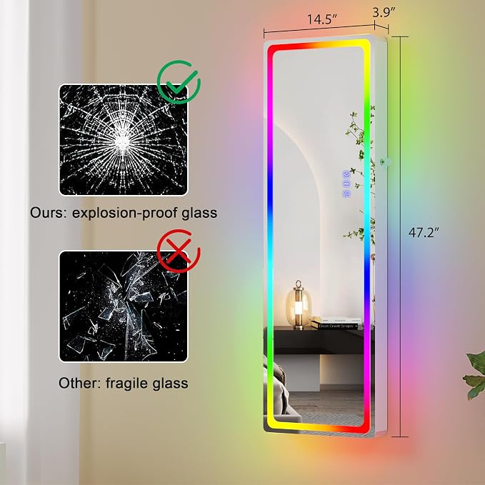 HNEBC Over the Door Jewelry Organizer with LED RGB Lights, 47.2" Full Length Mirror with Storage, Wall Mounted Jewelry Armoire, Hanging Mirror with 2 Drawers,Lokable,3 Shelves-White
