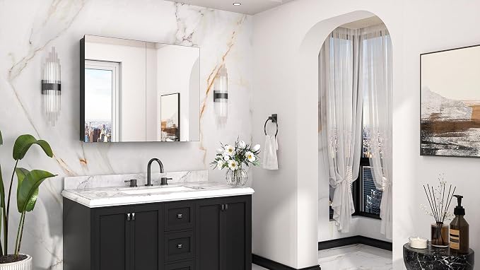 Keonjinn Black Medicine Cabinet with Mirror 30x26 Inch, Adjustable Shelves | Assembly Required, Lightweight Aluminum Frame, Wall Mounted or Recessed, Tempered Glass, Bathroom Mirror with Storage