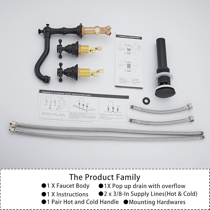GGStudy Black Bathroom Faucet 2 Handles 3 Holes Faucet 8 inch Widespread Bathroom Sink Faucet Tap Mixer Supply Hose Included Matching Metal Pop Up Drain