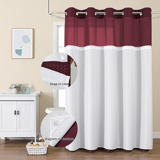Colorful Star Waffle Weave No Hook Shower Curtain, 72 x 75 Inch, Burgundy | Waterproof Shower Curtain with Snap in Fabric Liner and Mesh Top Window, Hotel Style Heavy Duty Thick Bathroom Curtain