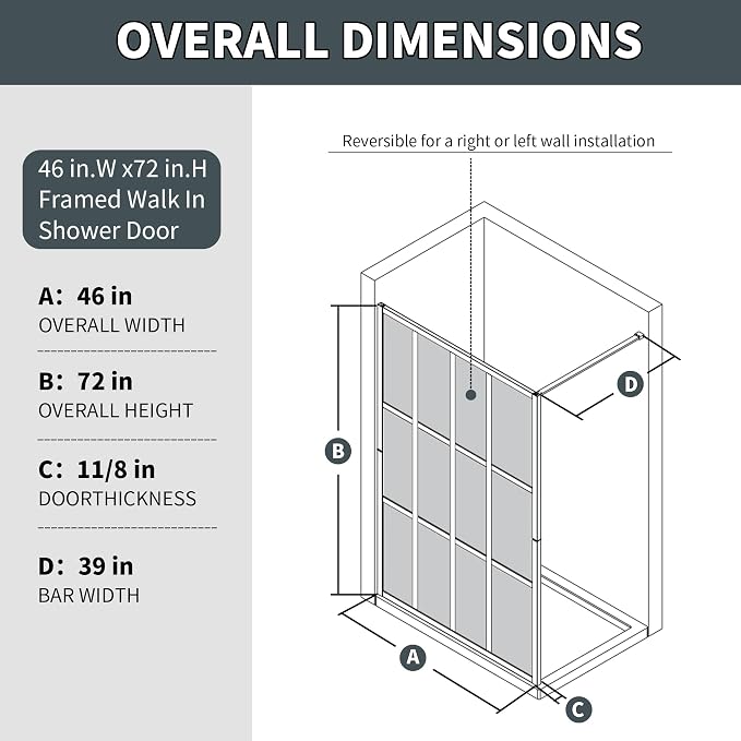 46x72 Matte Black Walk-In Shower Screen, 1/4" Tempered Glass with Frame | Metal Finish Grid Pattern, Aluminum Alloy Frame, Stainless Steel System, Reversible Installation, Easy to Assemble, No Base