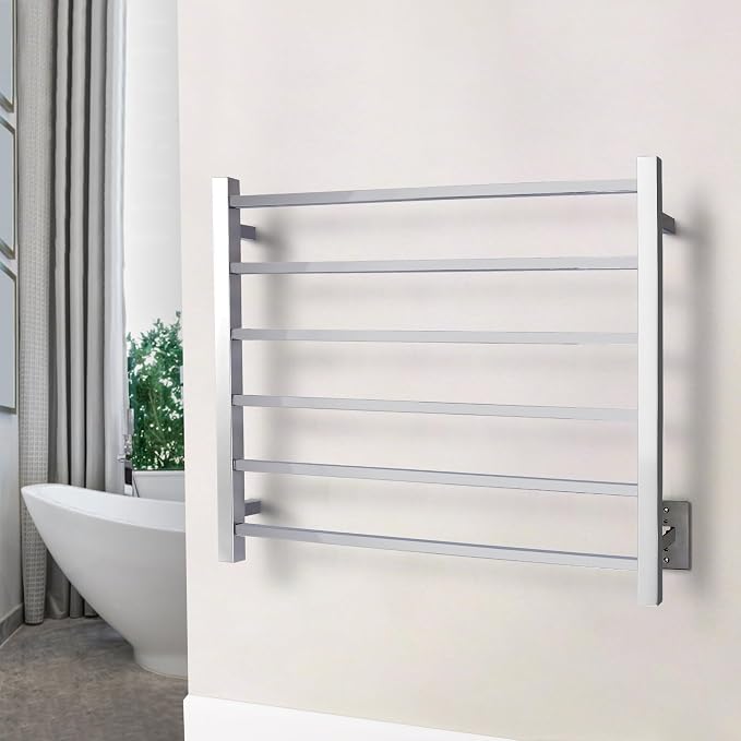 WarmlyYours Tahoe Heated Towel Rack, 6 Bars, Polished Stainless Steel | Hardwired 120V heated towel rack for spa-like bathroom comfort, 427 BTU/hr, energy-efficient towel drying
