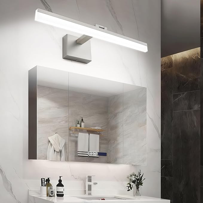 SOLFART LED Vanity Lights Fixtures - 24 inch Brushed Nickel Retractable Modern Bathroom Light Fixture Over Mirror 5CCT