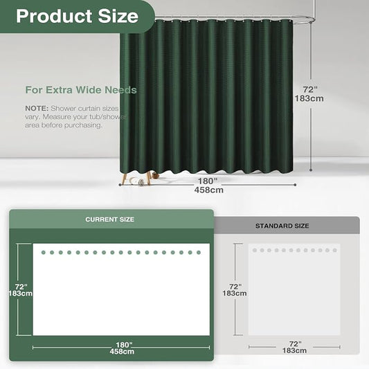 Extra Wide Waffle Shower Curtain 256 GSM Fabric 180x72 Dark Green | 180 Inch Wide, Thick Cloth, Weighted Hem, Water Repellent, Hotel Luxury Polyester Shower Curtain Set for Bathroom 32 Hooks