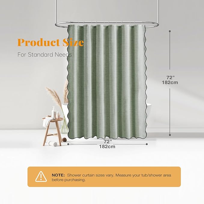 BTTN Sage Green Scalloped Shower Curtain, Linen Textured Boho Cute Fancy Fabric Shower Curtain Set with Plastic Hooks, Hotel Modern Luxury Waterproof Cloth Shower Curtains for Bathroom Bathtub, 72x72