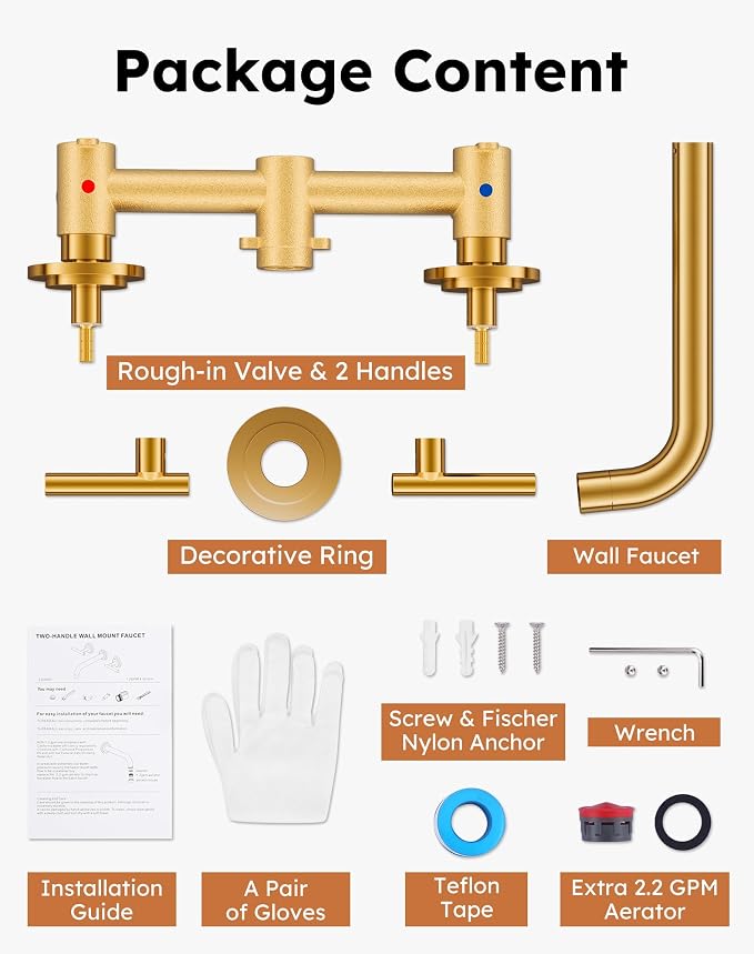 Wall Mount Bathroom Faucet - WOWOW Brushed Gold Bathroom Sink Faucet - 2 Handle Wall Mount Vessel Sink Faucet 3 Holes Elegant Classic Spout Rough in Brass Valve Included