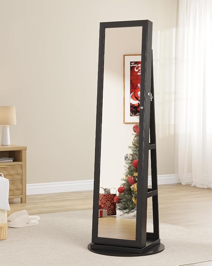 LVSOMT LED Jewelry Cabinet Standing, 360° Swivel Jewelry Armoire, Black | Full Length Mirror with Storage, 3 Rear Shelves, Internal Mirror, 3 Color Lights, Lockable for Bedroom, Women Girls Gift
