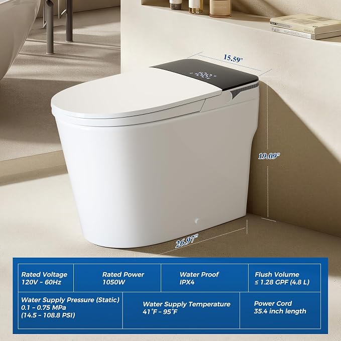 Smart Toilet with Bidet Built-In, Auto Flush, Auto Open/Close Lid, Foot Sensor, Heated Seat, Warm Water Wash, Warm Air Dryer, Deodorizer, Night Light, Remote Control (Black)