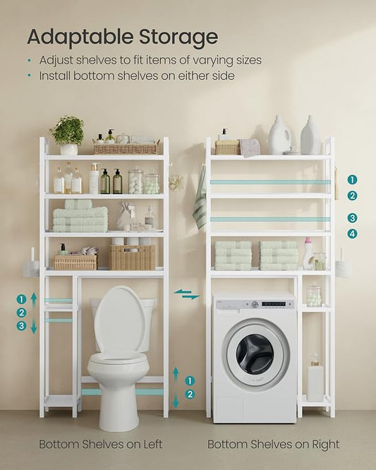 SONGMICS Over the Toilet Storage, 4-Tier Over Toilet Bathroom Organizer with Adjustable Shelves, 26 x 83 x 185 cm, Space-Saving, Cloud White UBTS017W01