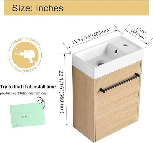 Malwee 16" Floating Bathroom Vanity with Sink, 16 inch Modern Brown Wall Mounted Bathroom Cabinet Combo for Small Space, Narrow Bath Wall-Hung Vanity Set with 1 Ceramic Basin and 1 Door(16cx)