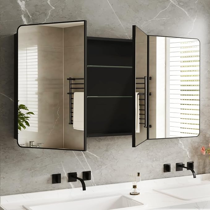 Medicine Cabinet Mirror 60x32 Inch, Triple-Door Bathroom Mirror Cabinet with Glass Adjustable Shelves, 3-Compartment Bathroom Mirror with Storage Recessed or Wall Mount