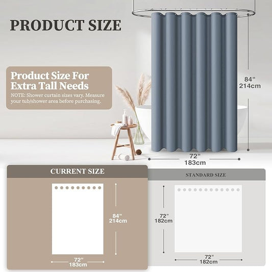 Long Linen Textured Waterproof Shower Curtain Set, 72x84, Blue Gray | Tall Size, 230GSM Polyester, Heavy Duty Cloth, Weighted Hem, 12 Plastic Hooks, Modern Luxury Hotel Style, Machine Washable