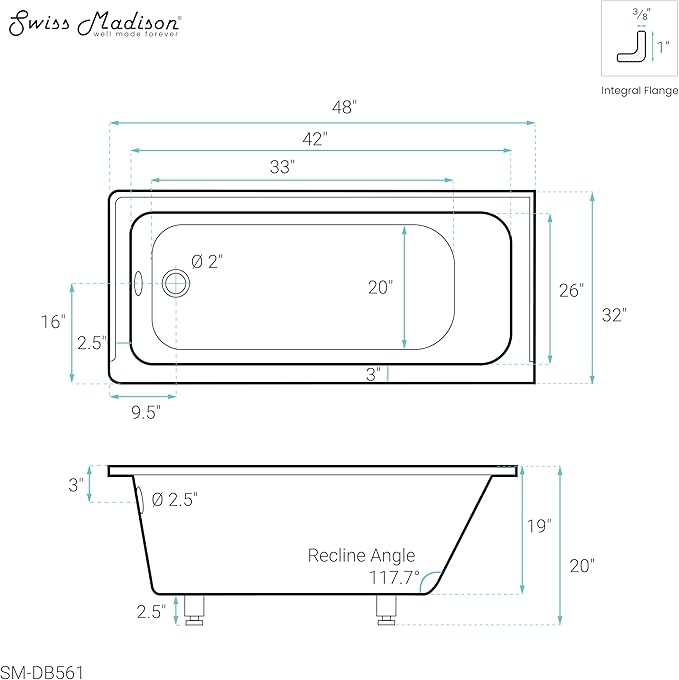 Swiss Madison Voltaire 48" x 32" Left-Hand Drain Alcove Bathtub