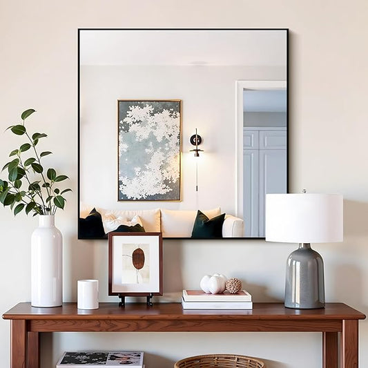 Black Bathroom Mirror for Wall, 30x30 Inch Rectangle Mirrors with Metal Frame, Modern Vanity Wall Square Mirror for Bathroom Living Room, Entryway Hangs Horizontal or Vertical