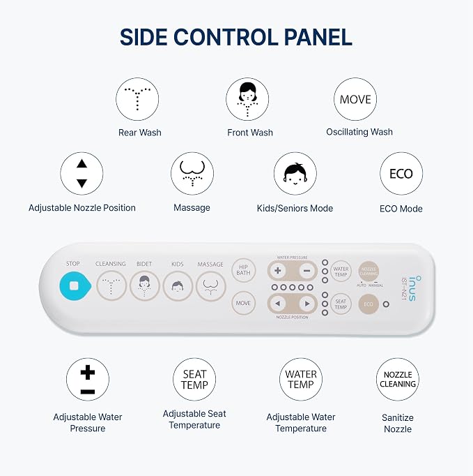 Inus N21 Electric Heated Bidet Toilet Seat Elongated, Warm Water, Smart Heated Water Luxury Bidet Toilet Seat with Kids Mode, Self Cleaning Nozzle, Tankless, Smart Touch Panel & Temperature Control