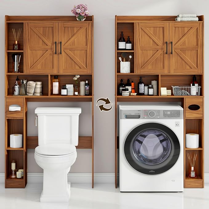 Vabches Over The Toilet Storage Cabinet with 2 Barn Doors, Caramel | Farmhouse Storage Cabinet with Toilet Paper Holder Stand,Home Space-Saving Toilet Rack, for Bathroom, Restroom, Laundry