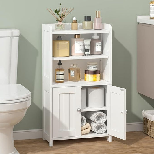 Small Bathroom Storage Cabinet, 30" Tall Freestanding Corner Floor Cabinet with Opposite Doors & 5 Shelves (2 Adjustable), Narrow Toilet Paper Holder Organizer for Small Spaces, White