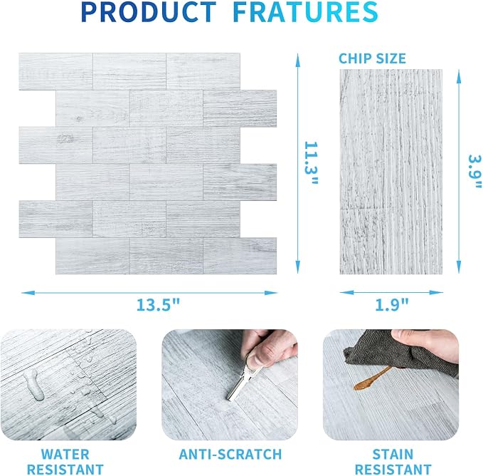 Art3d Peel and Stick Backsplash, Stick on Wall Tile, 10-Pack, White-Washed | PVC, Self Adhesive, Splash Resistant, Multi-Surface Compatibility, Ideal for Kitchens, Fireplaces, Stair Areas