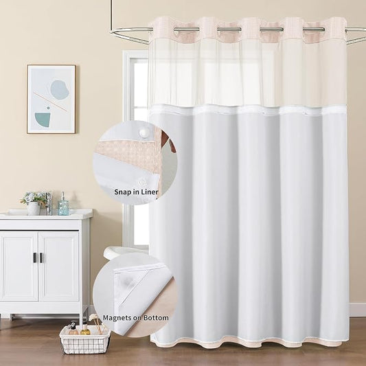Colorful Star Blush Pink No Hook Waffle Shower Curtain Set, 72" W x 75" L | Waterproof Shower Curtain with Snap in Fabric Liner and Mesh Top Window, Hotel Style Heavy Duty Thick Bathroom Curtain