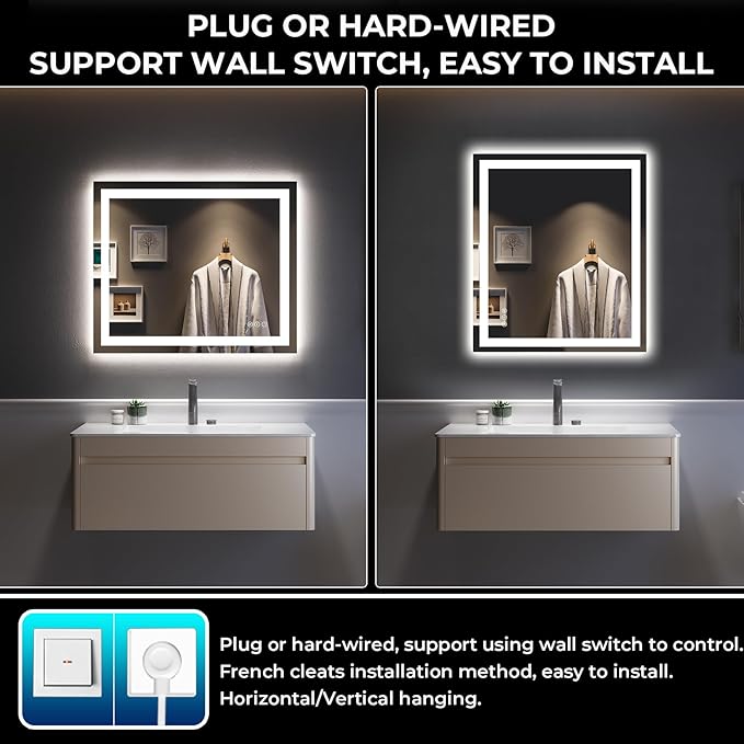 36x30 LED Bathroom Mirror with Lights, Lighted Vanity Mirror | Backlit and Front Light, Anti-Fog, 3 Color Dimmable, Memory, Tempered Glass, IP54 Waterproof, UL Listed