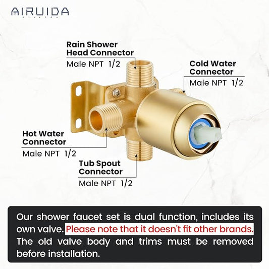 Airuida Shower Faucet Set with Tub Spout,6" Bathtub Faucet-Brushed Gold | Male Threads Rough-In Valve,Round Head Shower System,Tub and Shower Kit Set