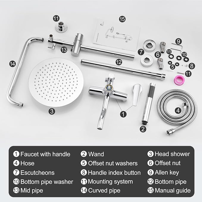 Outdoor Shower Fixtures - Total Complete Shower Kit, Chrome Finish with SS304 Handheld High Pressure Shower Head, 3-Functions