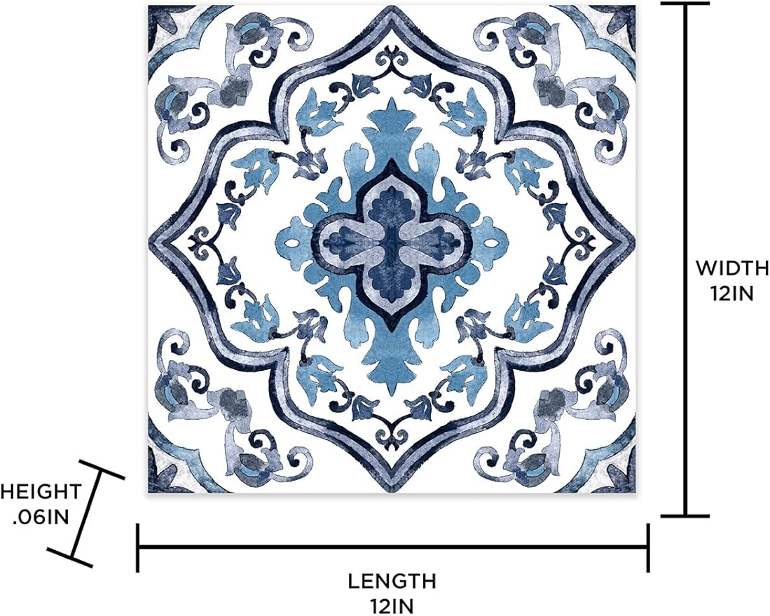 FloorPops Marrakesh Peel and Stick Floor Tiles, Blue, Floral Vinyl Floor Tiles, Water Resistant, 12 in x 12 in, Pack of 10
