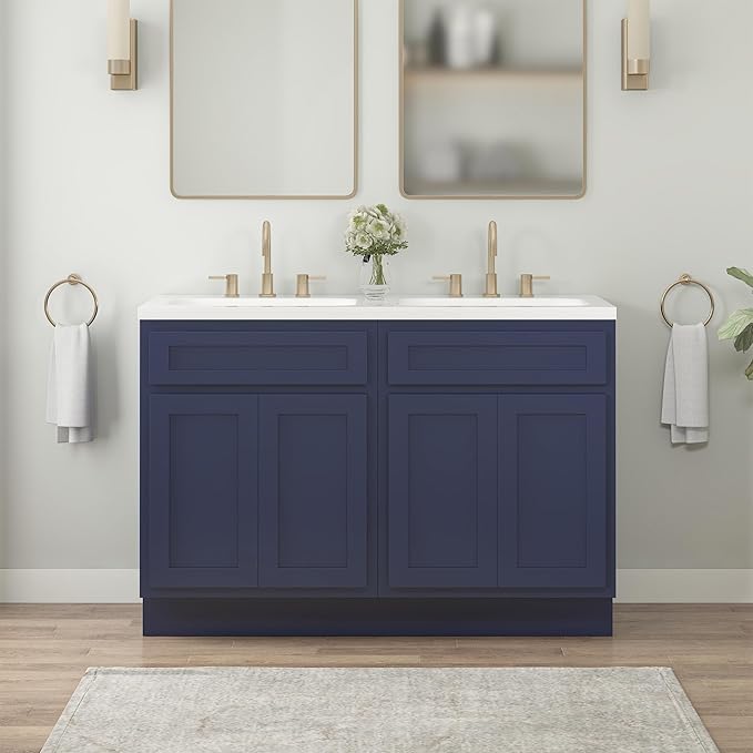 Vanity Art 48 Inch Bathroom Base Cabinet Only, Double Sink Top (Not Include Sink) with Door & Soft Close Hinge, Unassembled Floor Cabinet, Blue, 2ea 24 Inch Combo